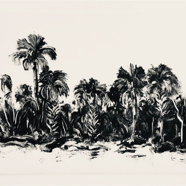 Black and white illustration of palm trees